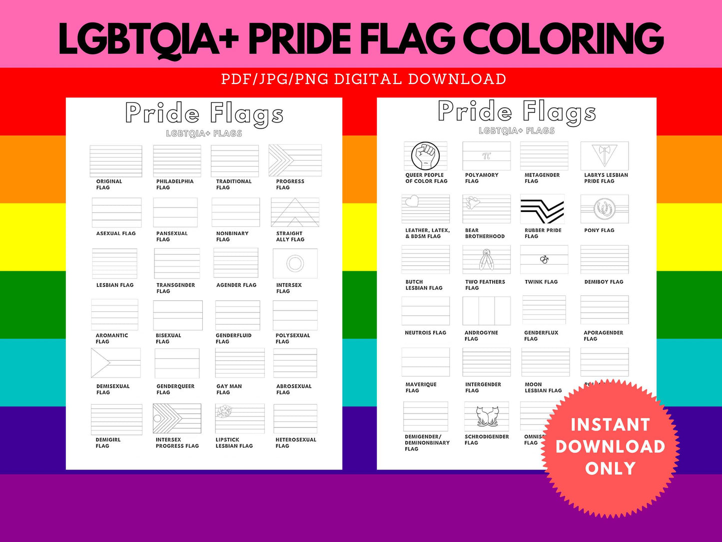 LGBTQIA+ Pride Flags Coloring Pages | Education Printable | LGBTQ Flag | LGBT Gift | Instant Download 4 Files