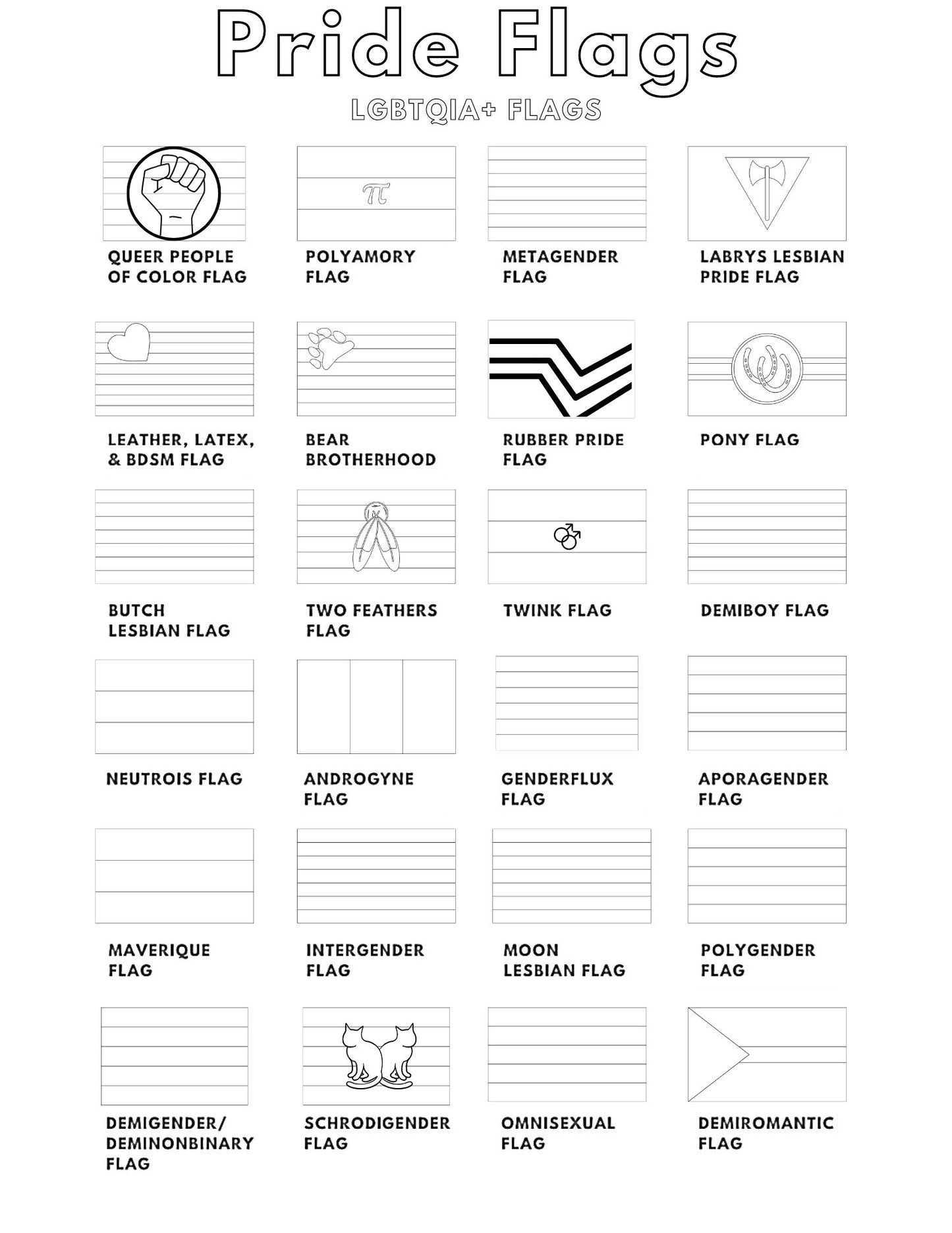 LGBTQIA+ Pride Flags Coloring Pages | Education Printable | LGBTQ Flag | LGBT Gift | Instant Download 4 Files