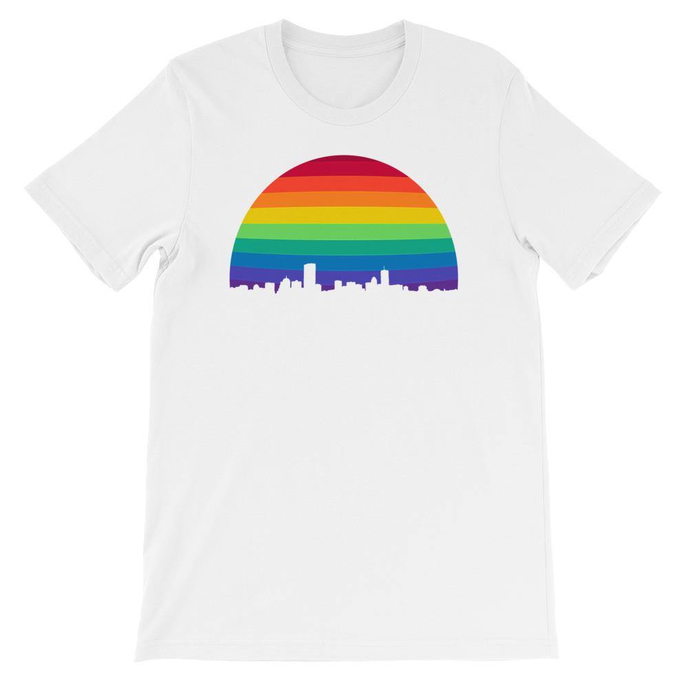 Boston Skyline Rainbow LGBTQ Gay Lesbian Pride Wicked Proud Bella + Canvas 3001 Unisex Short Sleeve Jersey T-Shirt with Tear Away Label - ActivistChic