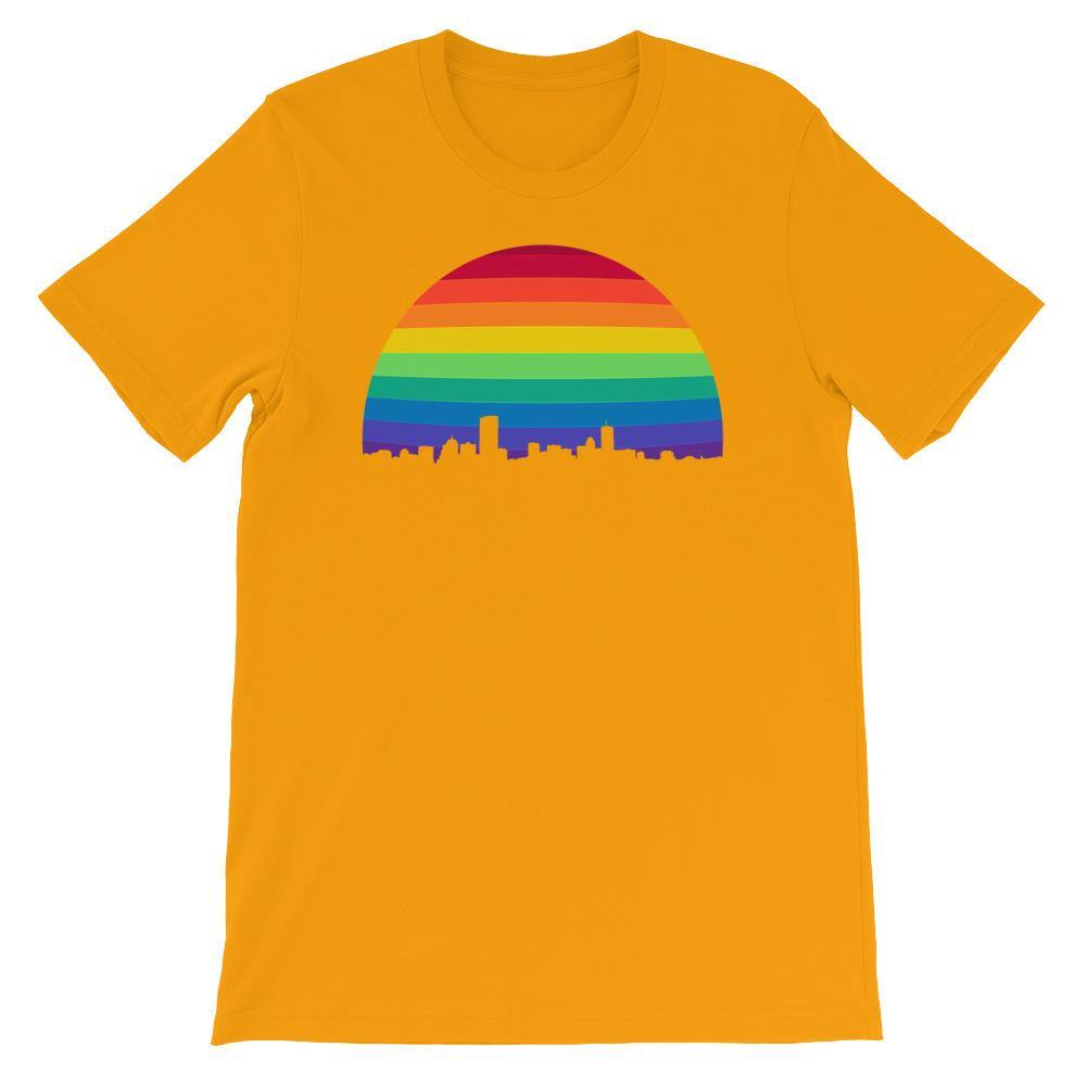 Boston Skyline Rainbow LGBTQ Gay Lesbian Pride Wicked Proud Bella + Canvas 3001 Unisex Short Sleeve Jersey T-Shirt with Tear Away Label - ActivistChic