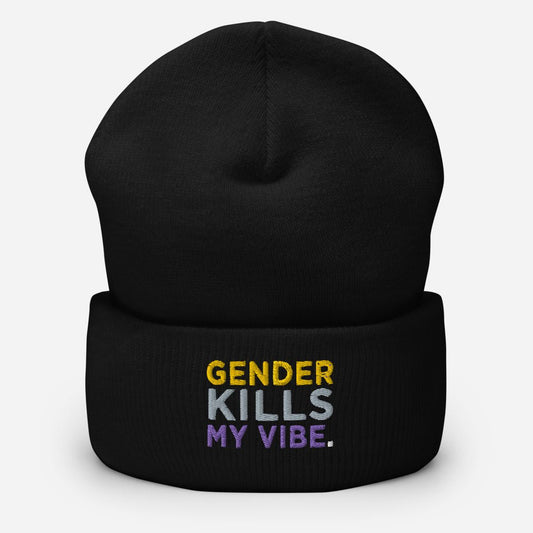 Gender Kills My Vibe Nonbinary Flag LGBTQ Enby Cuffed Beanie - ActivistChic