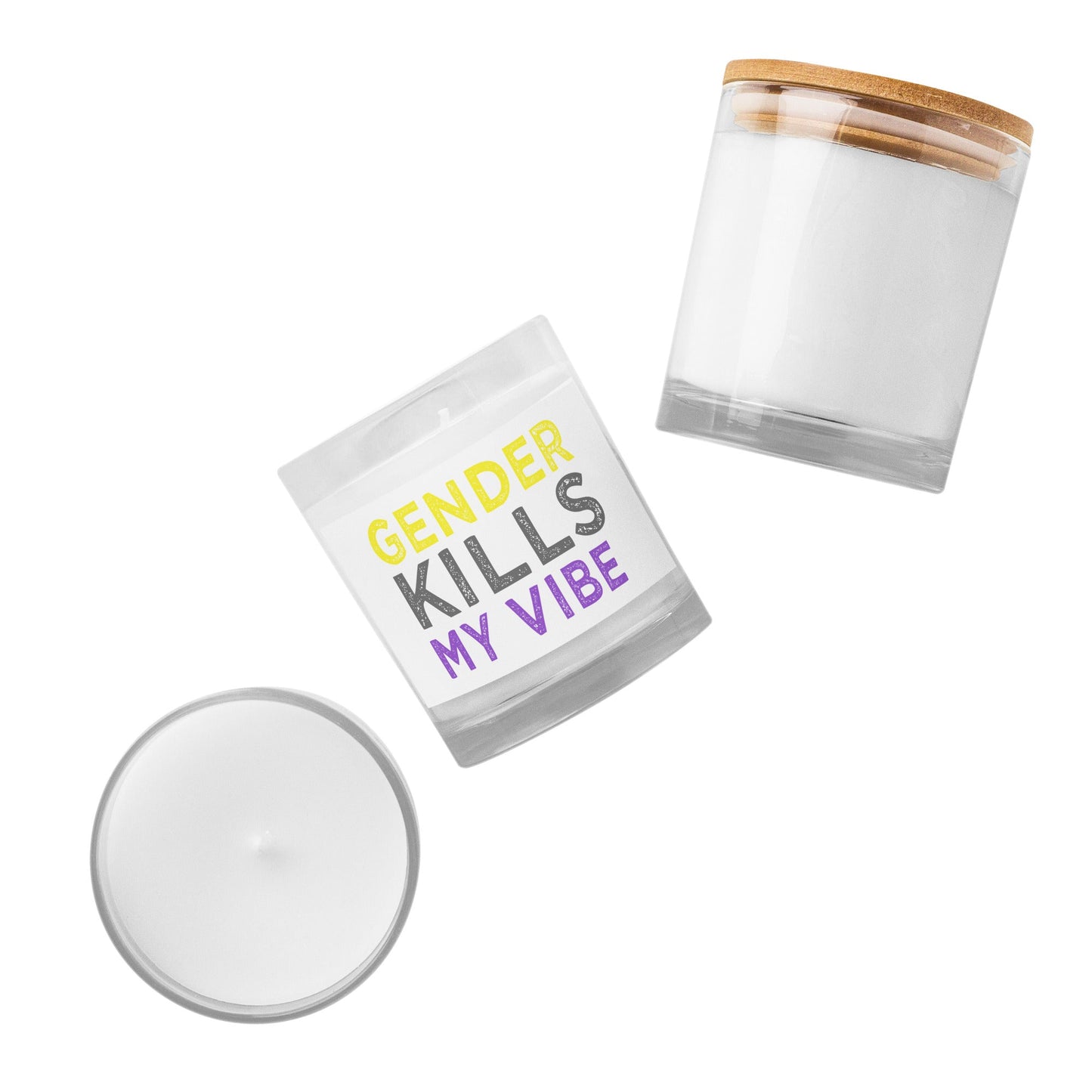 Gender Kills My Vibe Nonbinary Flag LGBTQ Enby Glass jar candle - ActivistChic