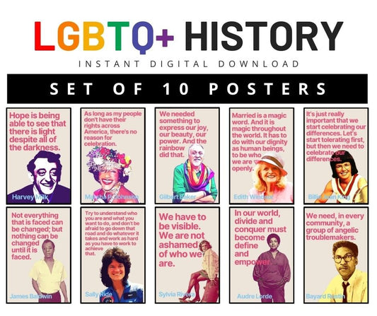 Vintage LGBTQ+ Inspirational Quote Posters | Set of 10 | Diverse Leaders | LGBT History Classroom Education Printable | Instant Download