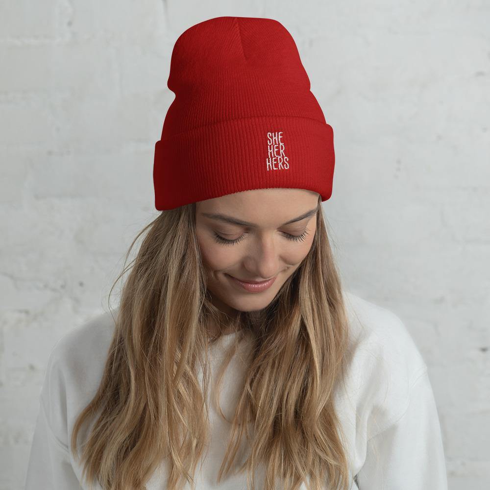 She Her Hers Pronouns Matter Transgender Trans FTM Winter Cold Weather Runner Jogging Gift Cuffed Beanie - ActivistChic