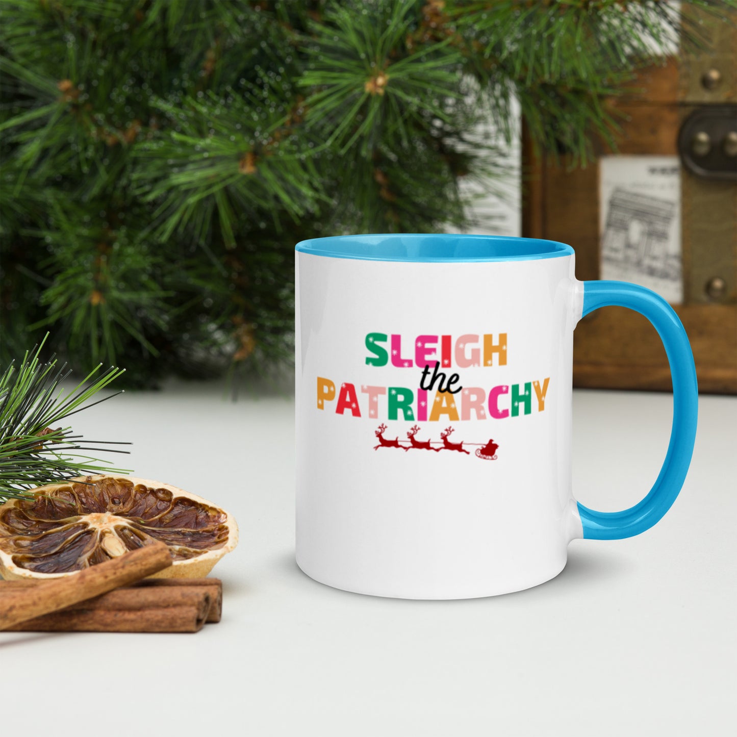 Sleigh The Patriarchy Feminist Christmas Feminism Holiday Mug with Color Inside