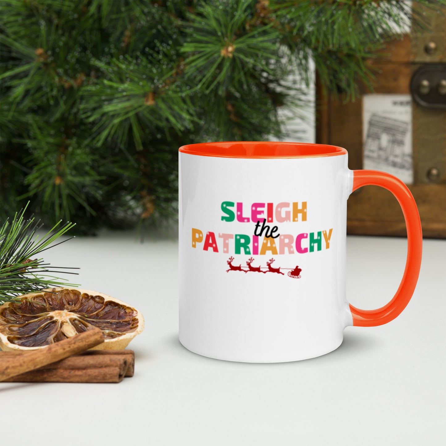 Sleigh The Patriarchy Feminist Christmas Feminism Holiday Mug with Color Inside