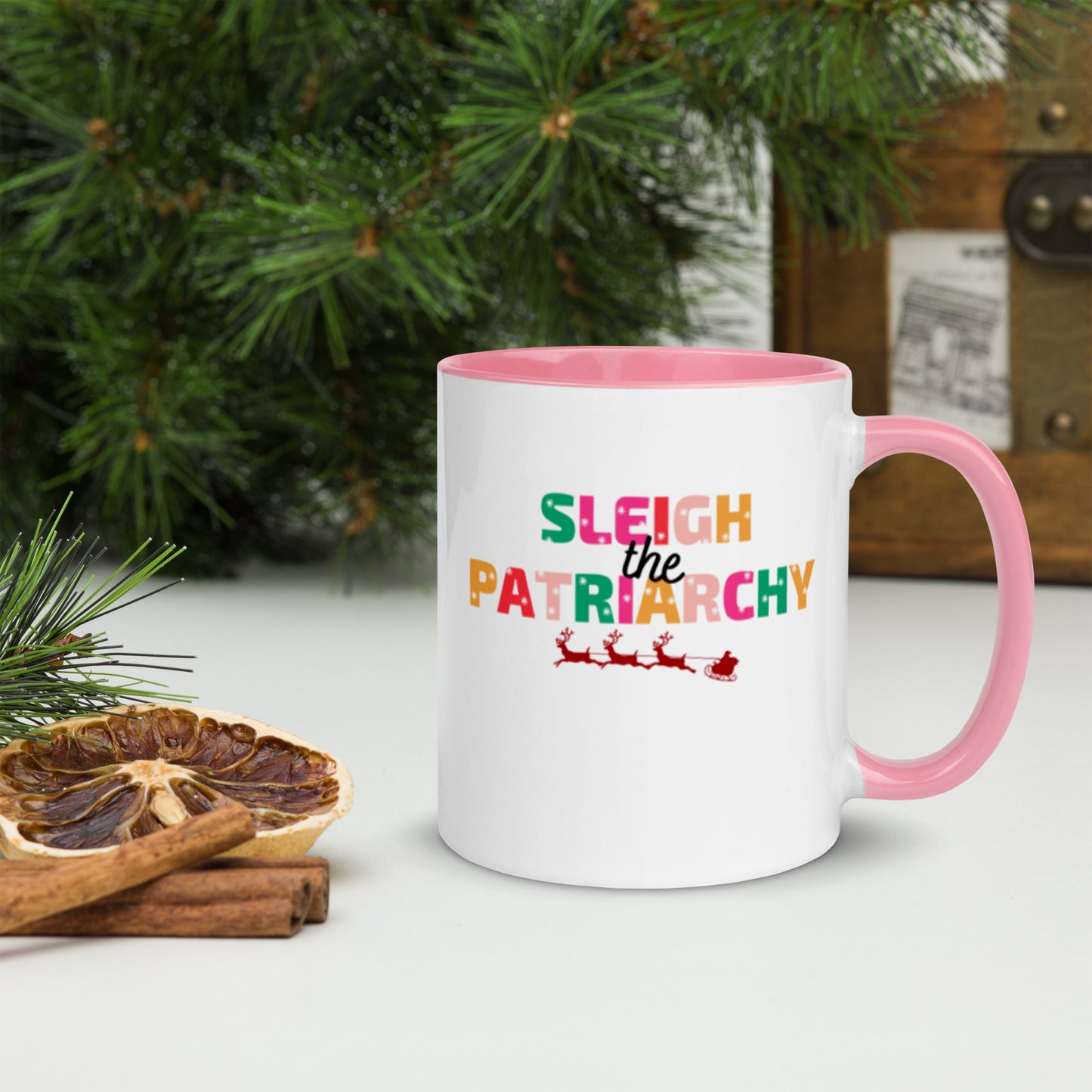 Sleigh The Patriarchy Feminist Christmas Feminism Holiday Mug with Color Inside