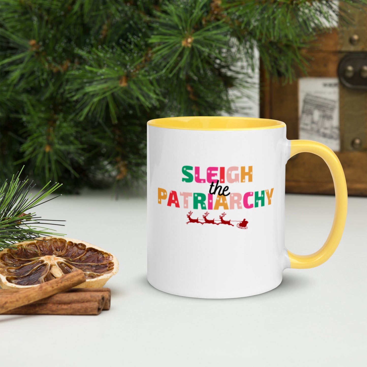 Sleigh The Patriarchy Feminist Christmas Feminism Holiday Mug with Color Inside