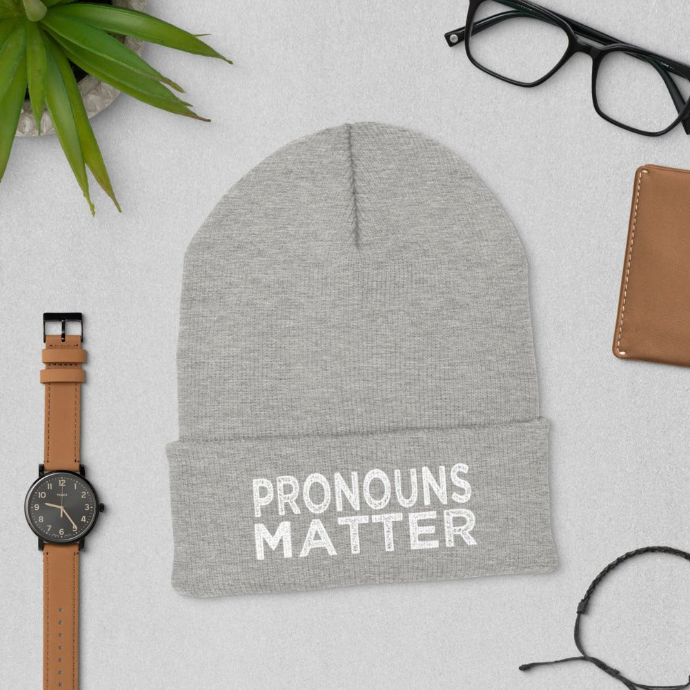 Pronouns Matter Trans Transgender FTM MTF LGBTQ Gifts Cuffed Beanie - ActivistChic