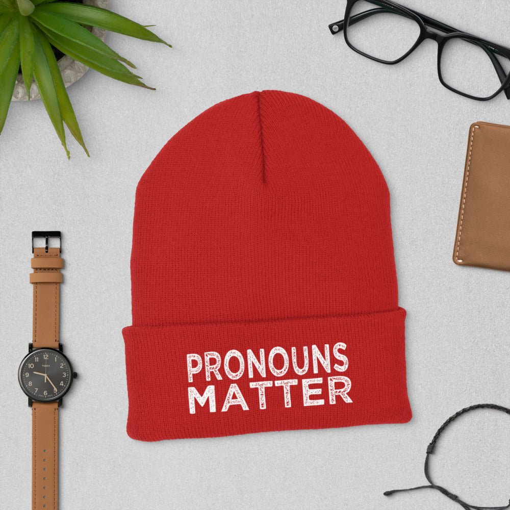 Pronouns Matter Trans Transgender FTM MTF LGBTQ Gifts Cuffed Beanie - ActivistChic