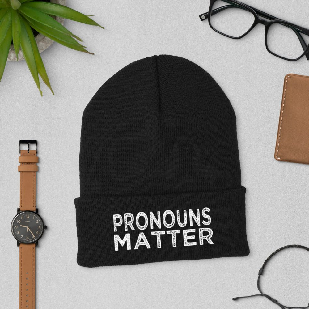 Pronouns Matter Trans Transgender FTM MTF LGBTQ Gifts Cuffed Beanie - ActivistChic